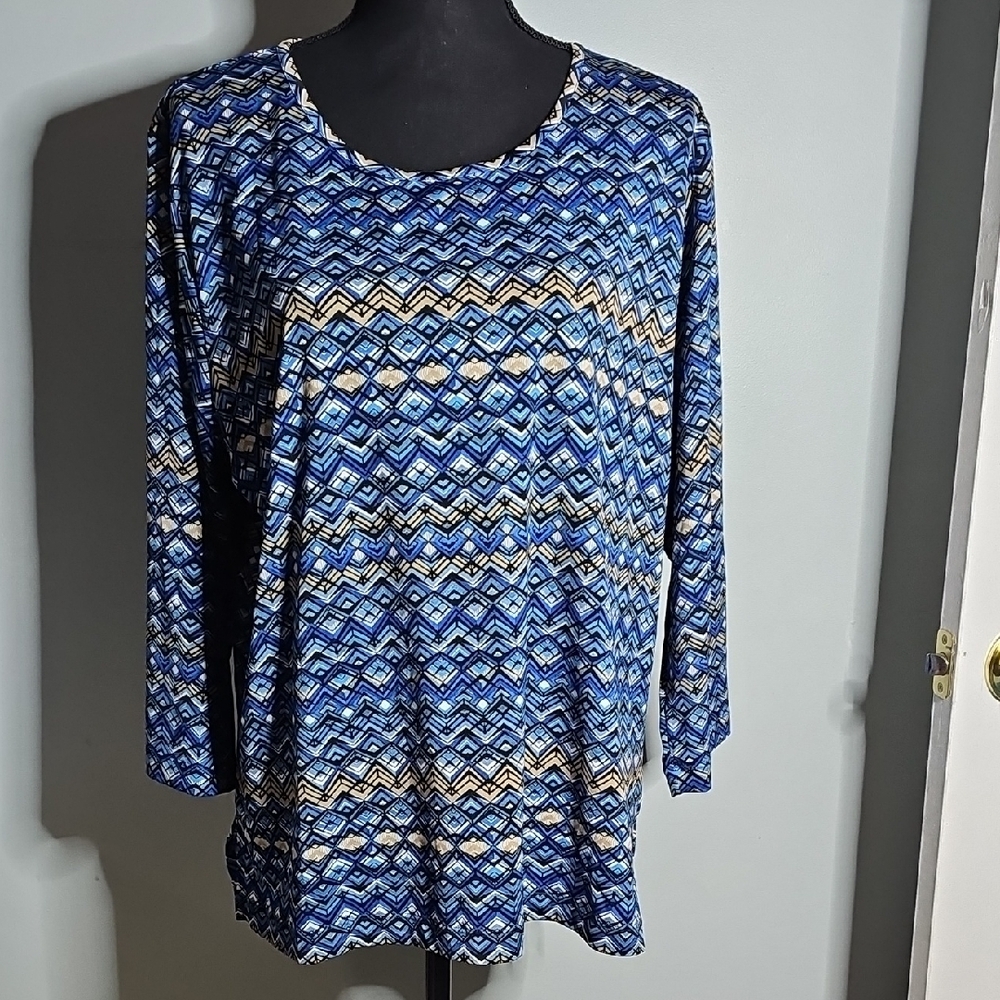 Blue and Tan Geometric Long Sleeve Top